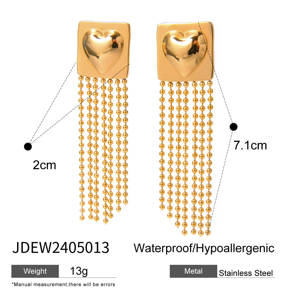 18K Gold Plated Stainless Steel Square Heart Tassel Earrings