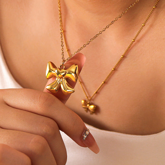 Geometric Bowknot Pendant Necklace for Women Stainless Steel with 18K Gold Plating Hypoallergenic Fashion Jewelry