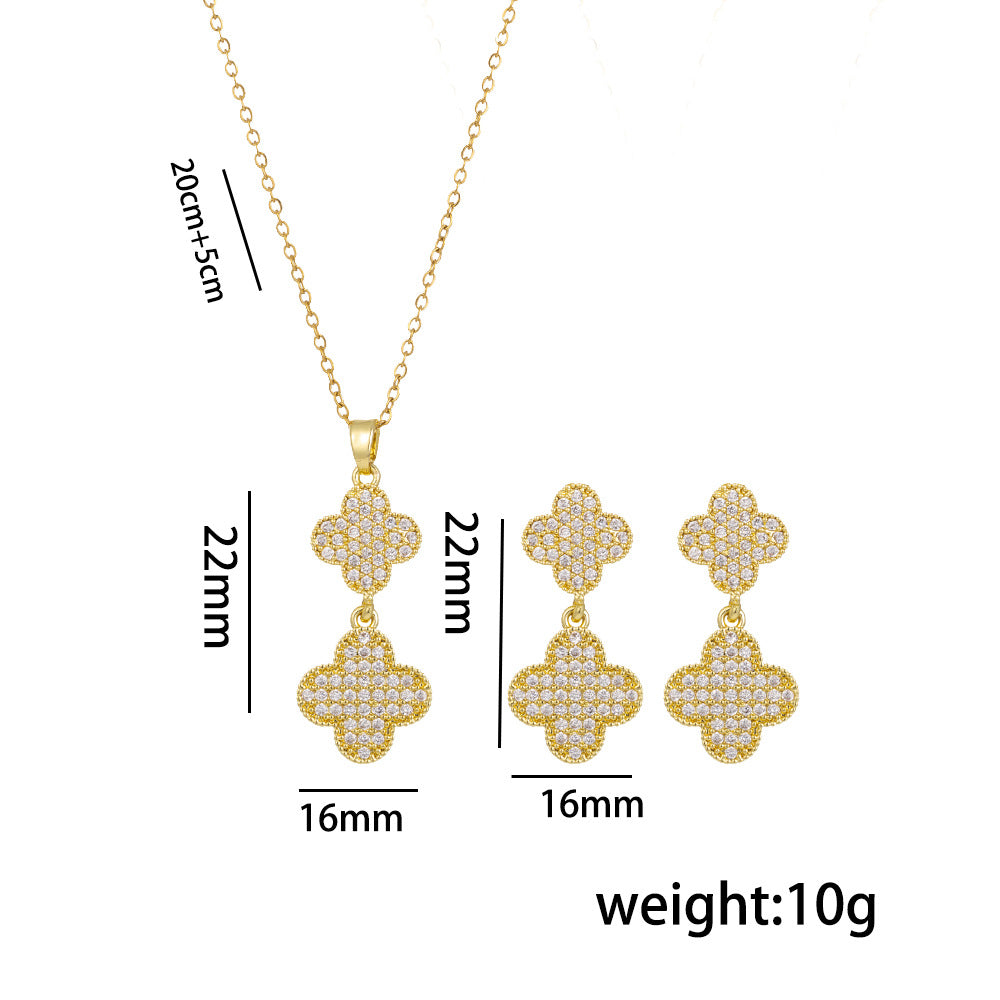 Set collana da donna con ciondolo a trifoglio in zircone in acciaio inossidabile placcato oro 18 carati