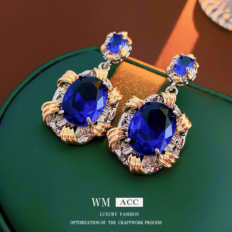 Orecchini a perno ovali da donna in zircone blu geometrico stile vintage con metallo placcato argento e perni in acciaio