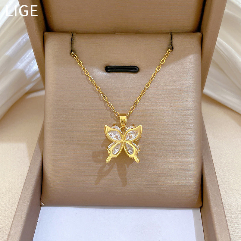 Sweet Minimalist Butterfly Hollow Cubic Zirconia Titanium Steel Necklace for Women and Men