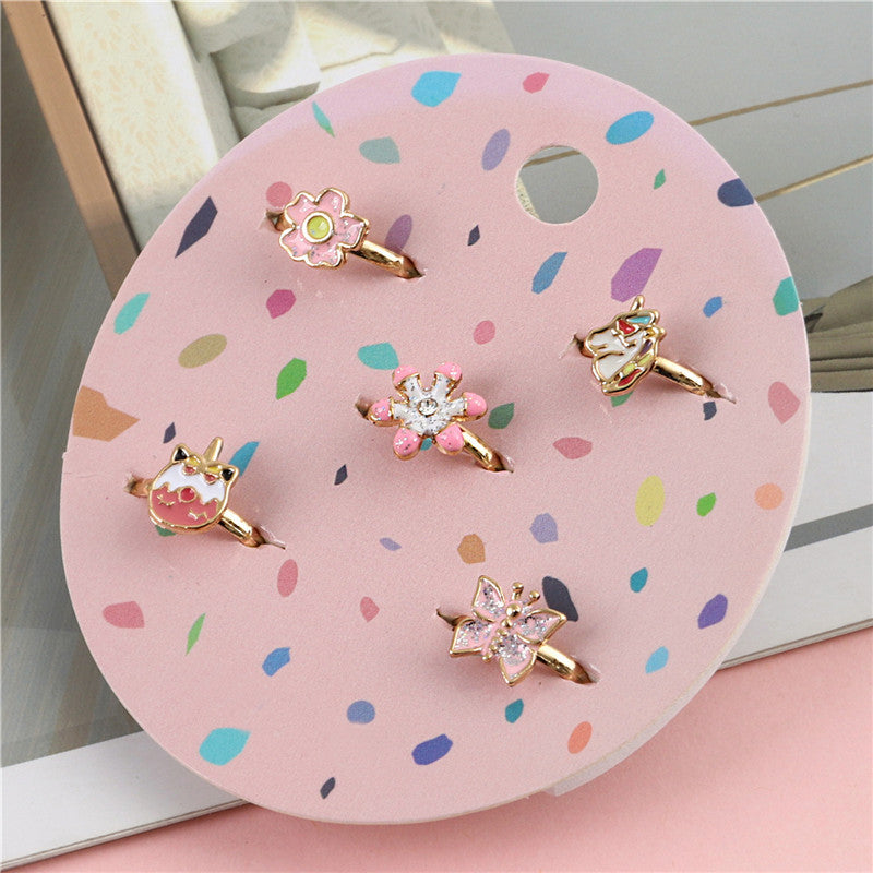 Anello a cartone animato con farfalla floreale per bambini in lega regolabile con finitura smaltata, stile principessa, anello regolabile per dito carino