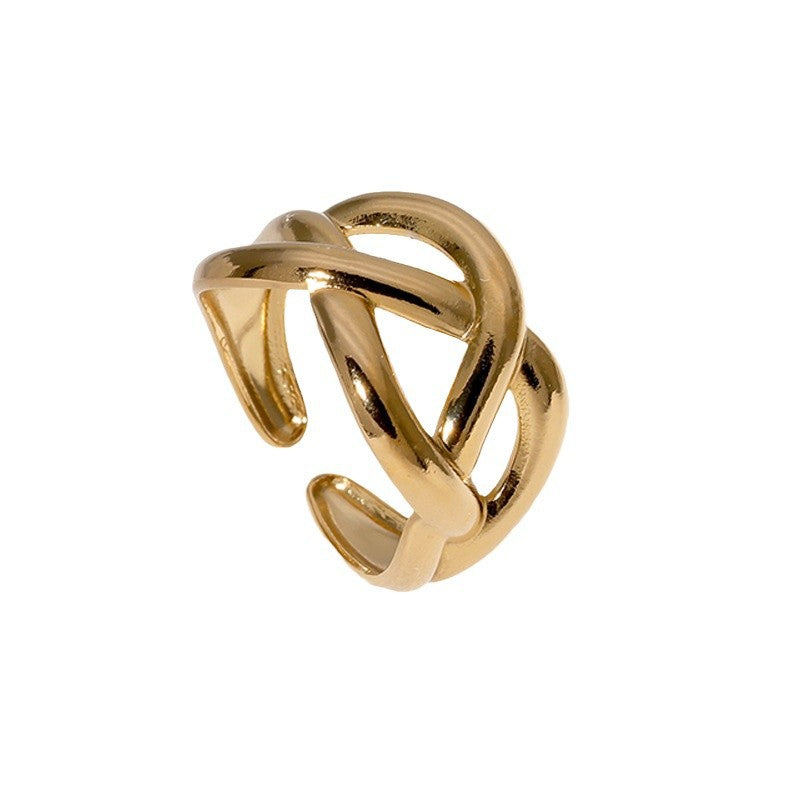 Anillo Minimalista Geométrico de Acero Inoxidable con Diseño Trenzado Entrelazado y Banda Abierta Ajustable para Mujer