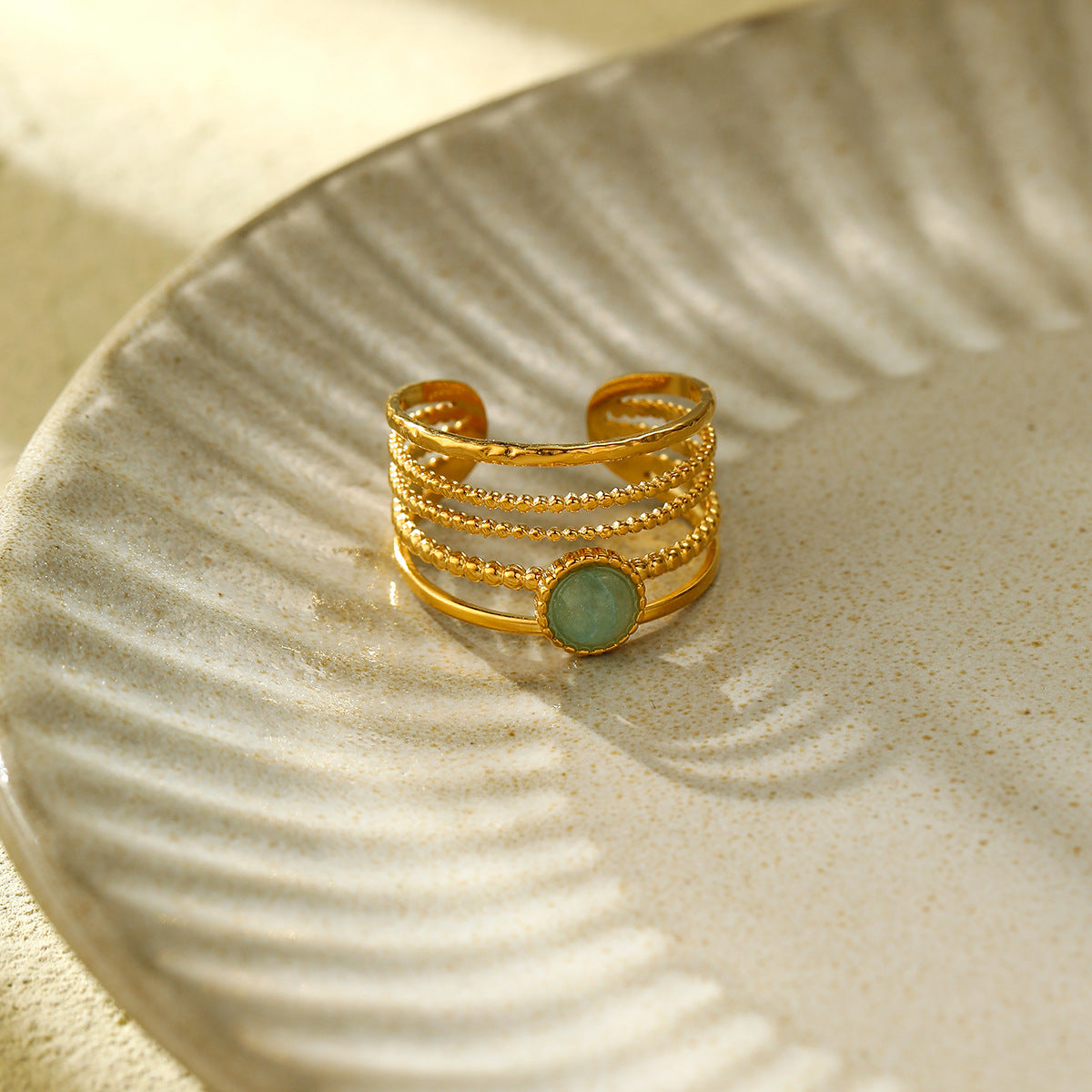 Fashionable Minimalist Round Titanium Steel Ring with 18K Gold Plating and Natural Green Aventurine Stone for Women
