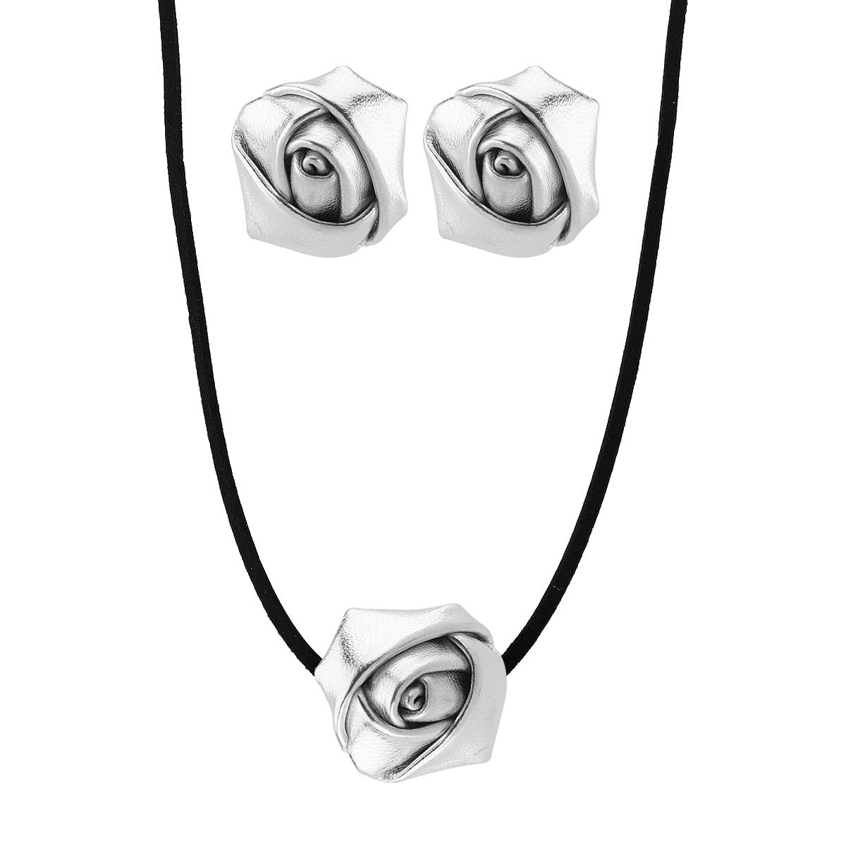 Juego de collar y pendientes con colgante de rosa floral estilo Ins con detalles de cuero de PU y acabado chapado para mujer