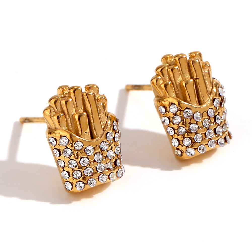 Orecchini a clip minimalisti geometrici in acciaio inossidabile con placcatura in oro 18 carati e punti micro-pavé per donne