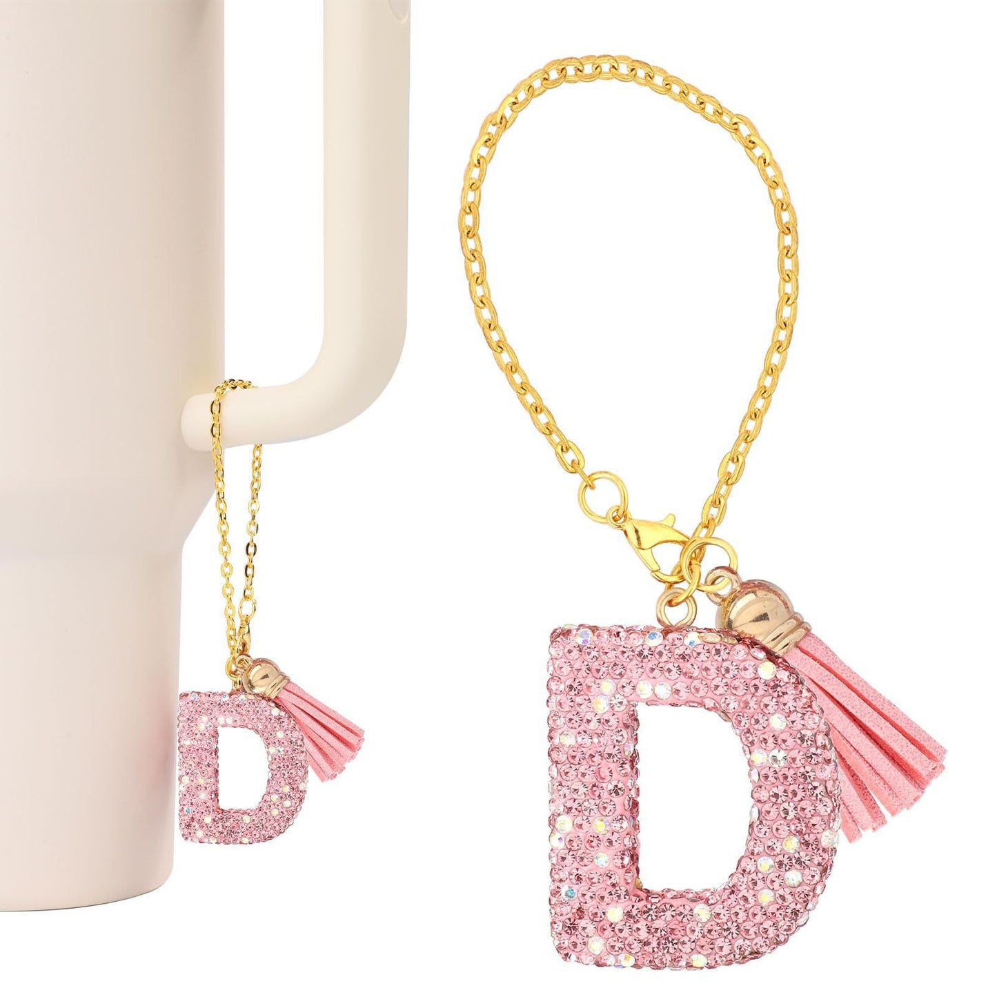 Minimalist Geometric Letter Ceramic Pendant with Gold Adjustable Chain Pink Tassel and Glitter Sequins