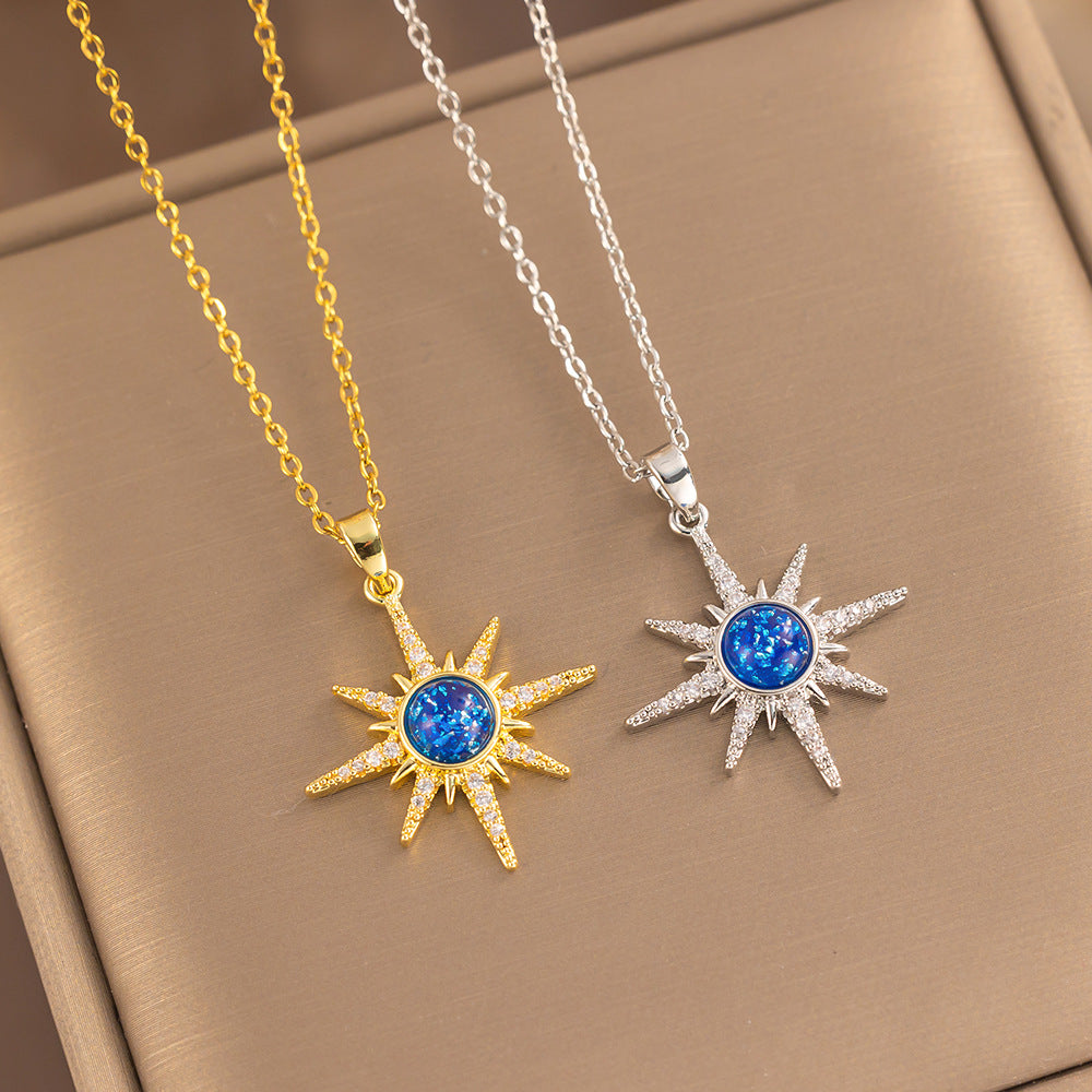 Collana con Ciondolo a Stella e Pianeta Geometrico di Lusso da Donna con Intarsio di Zirconi su Catena a O in Acciaio al Titanio
