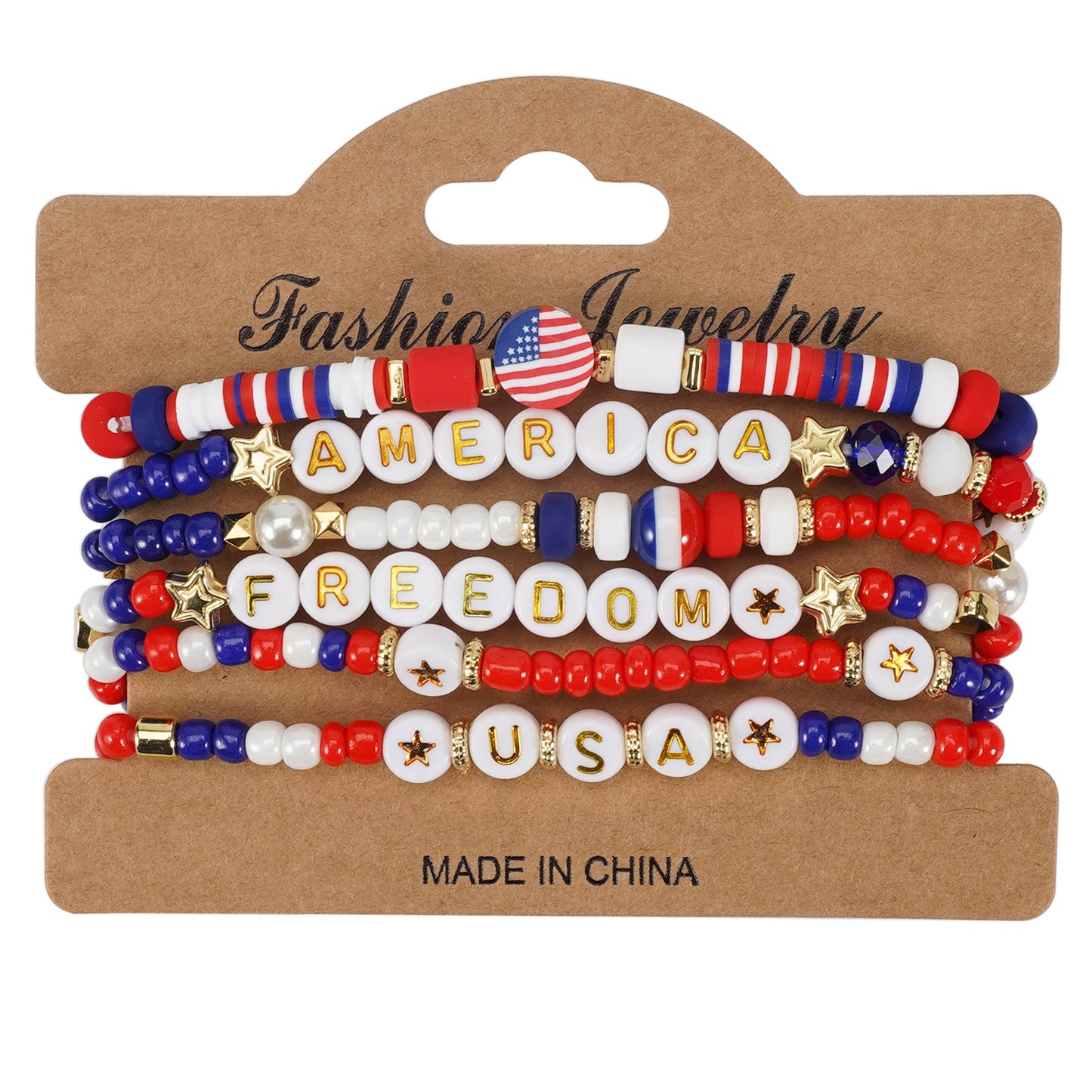Geometric Resin Beaded Bracelet Red White Blue Patriotic Design Unisex