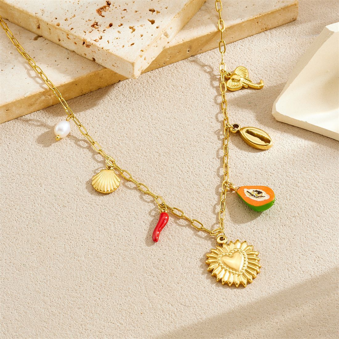 Vintage Chic Gold Plated Stainless Steel Heart Floral Cross Square Pendant Necklace for Women