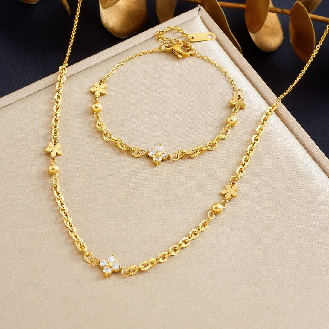 Minimalist Gold Plated Stainless Steel Flower Rhinestone Necklace and Bracelet Set with Irregular Cable Chain