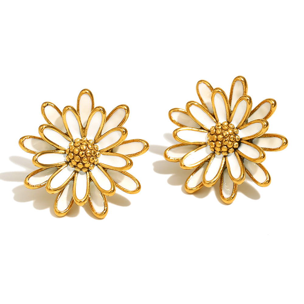 Orecchini da donna alla moda minimalisti a forma di margherita in acciaio inossidabile placcati oro 18 carati con smalto