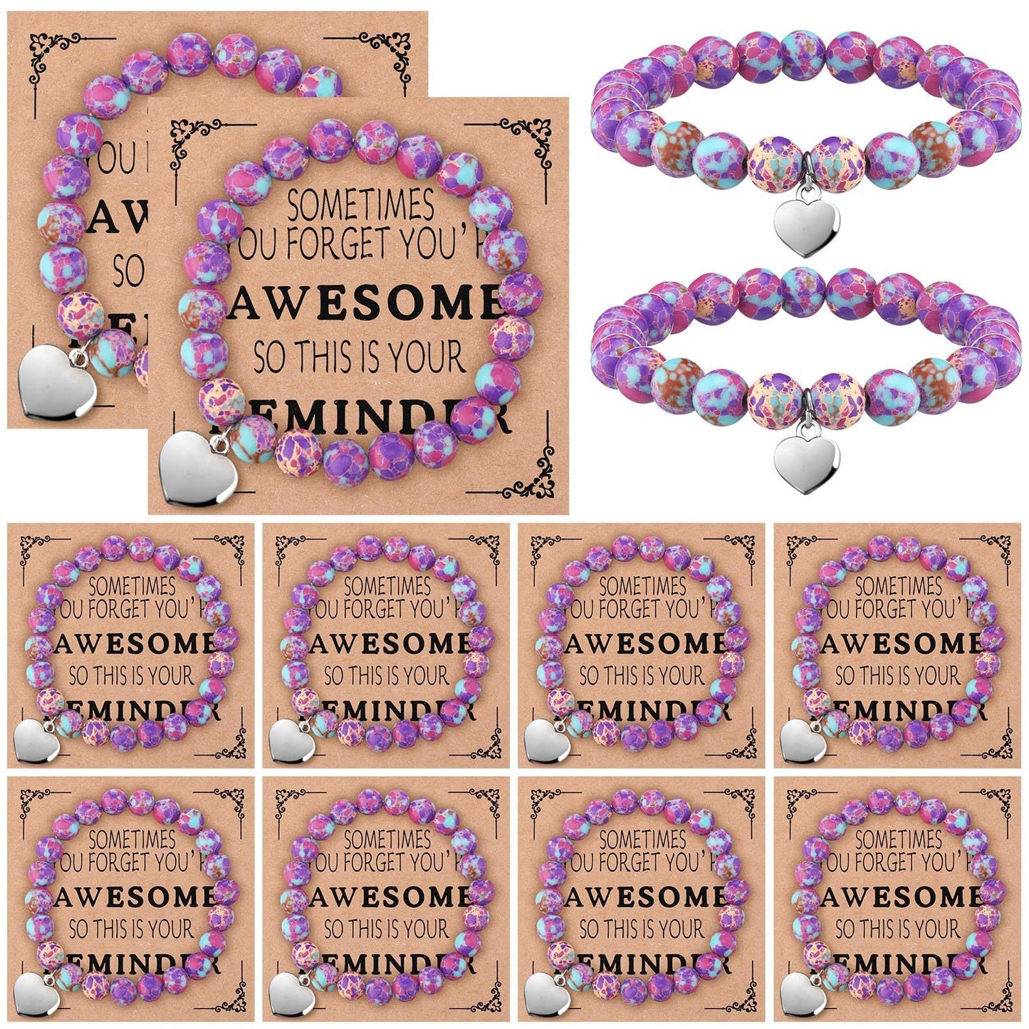 Sweet Natural Pink Zebra Print Crystal Heart Pendant Beaded Bracelet Set Unisex