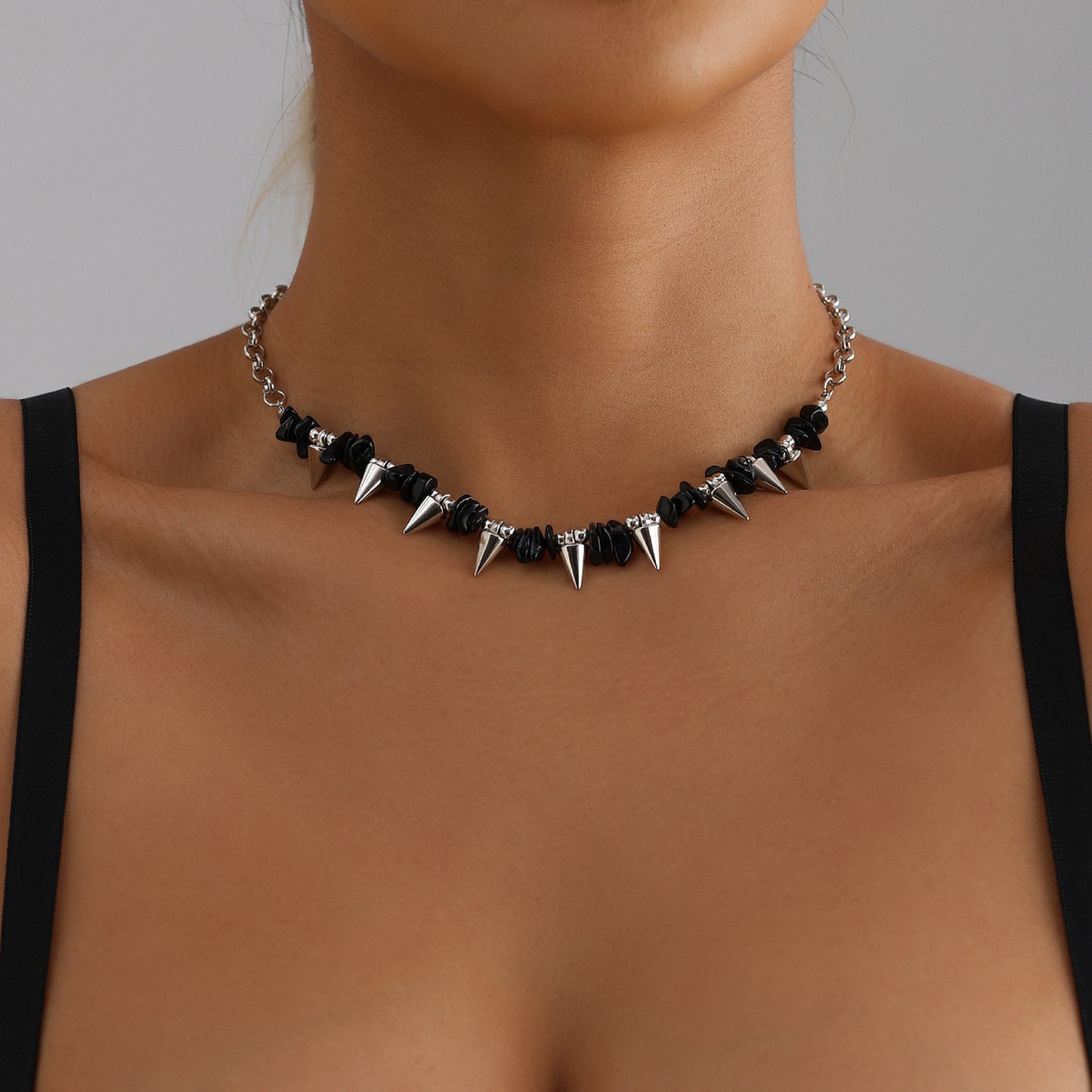 Punk Gothic Geometric Pendant Necklace in Alloy with Black Stone Inlay and Plated Finish for Women