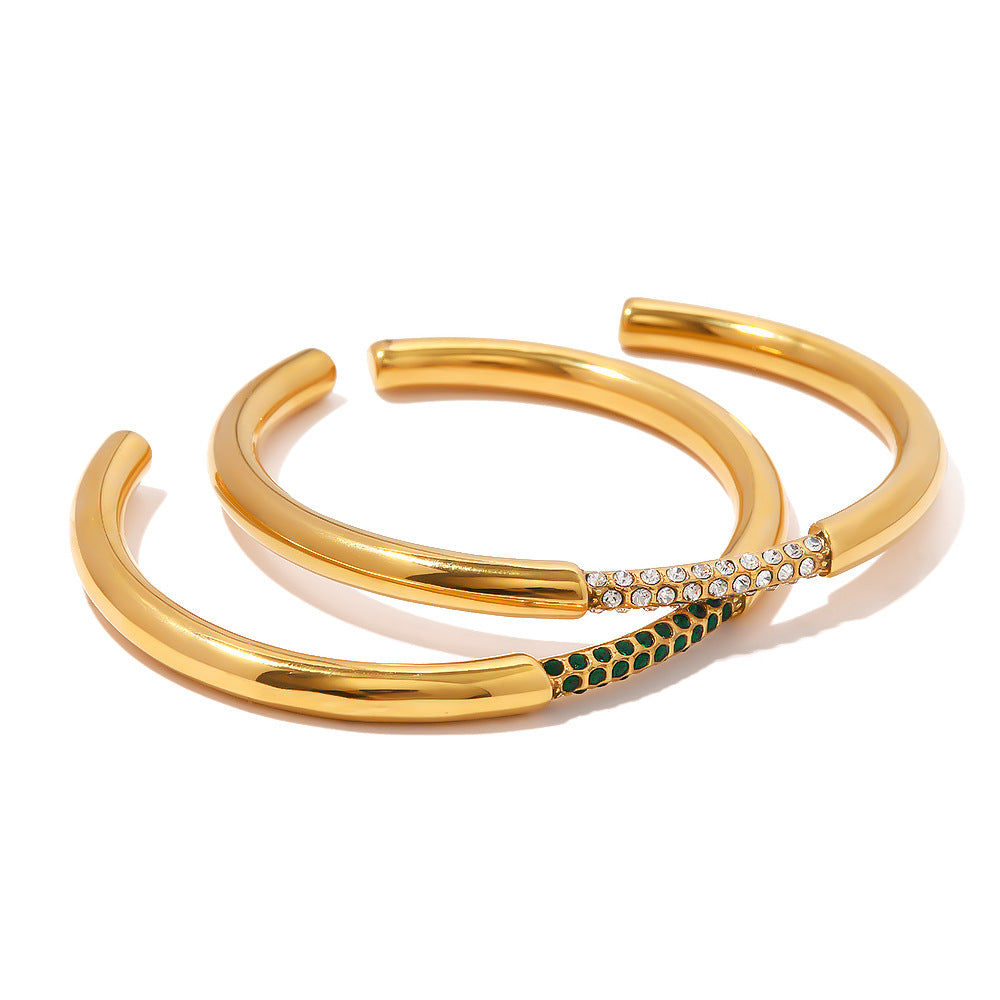 INS Style Geometric Stainless Steel Bracelet with 18K Gold Plating and Green Rhinestone Inlay