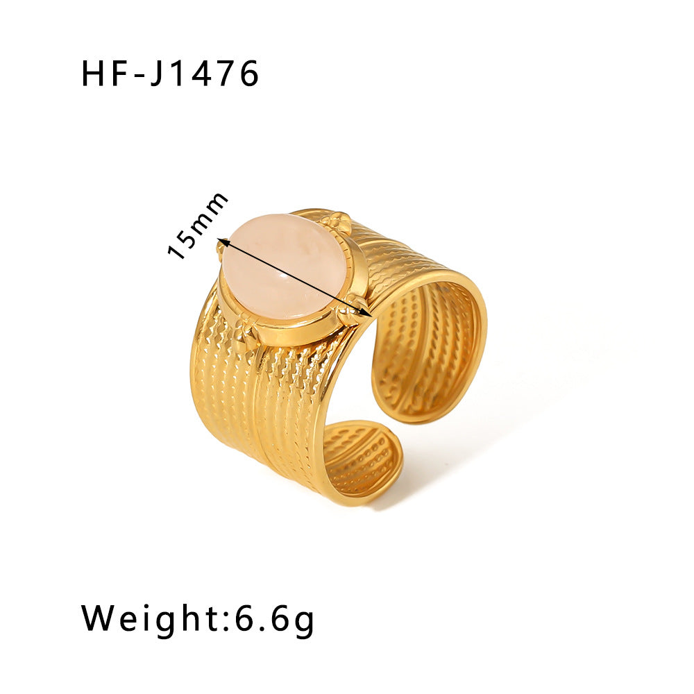 Vintage Geometric Round Emerald Green Natural Stone Stainless Steel Ring with 18K Gold Plating