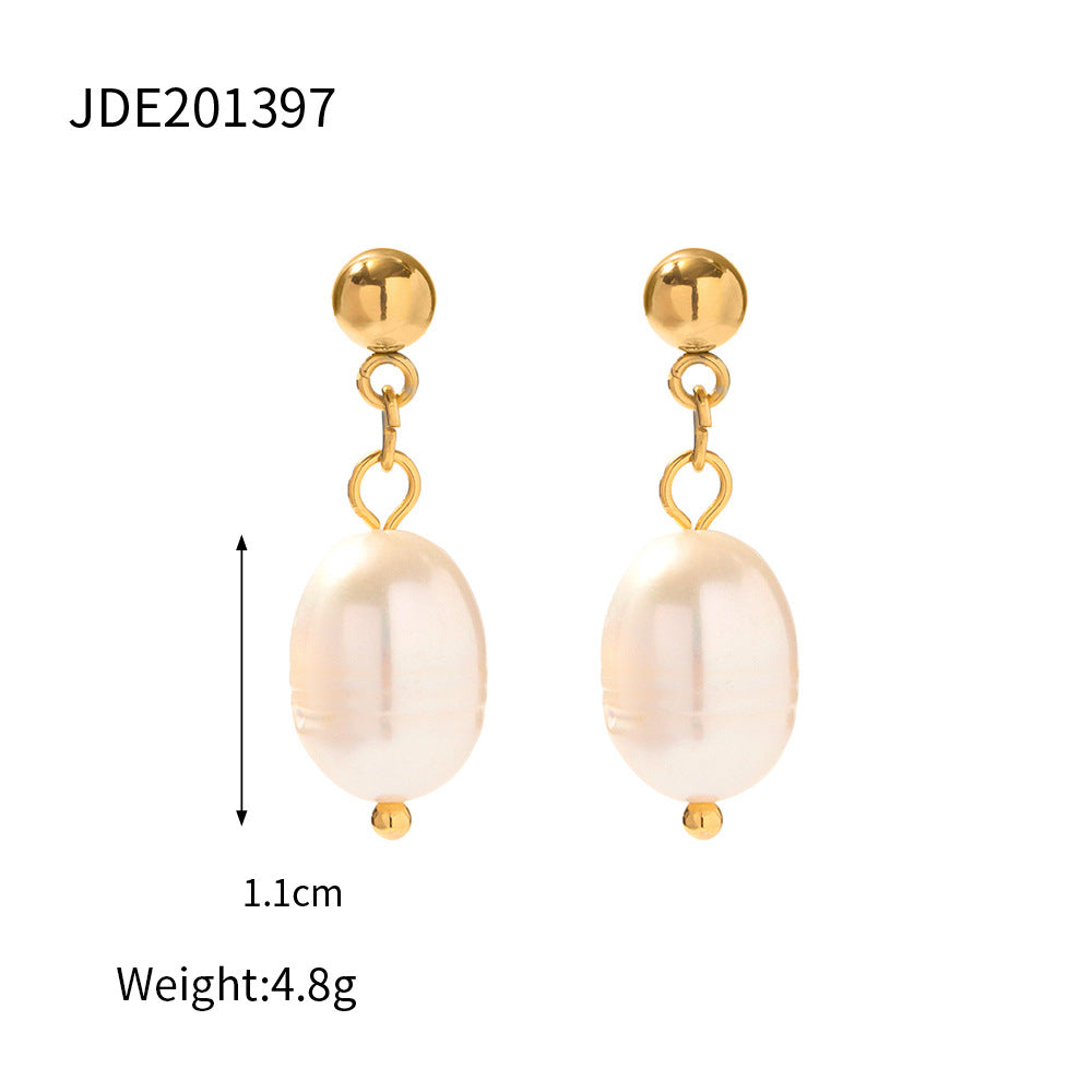 Orecchini geometrici minimalisti in acciaio inossidabile con pendente di perle d'acqua dolce per donna