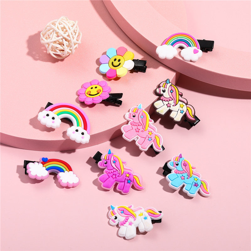Cartoon Floral Unicorn Rainbow Hair Clip for Kids Silicone One-Step Hair Clamp with Handmade Finish