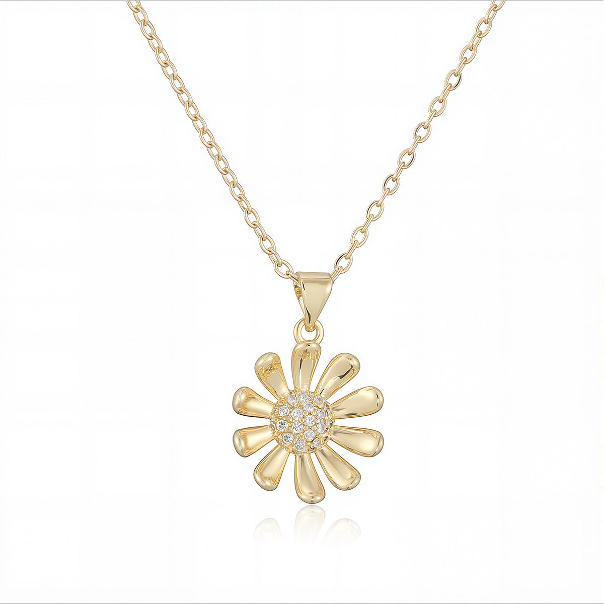 Minimalist 18K Gold Plated Brass Heart Geometric Floral Cubic Zirconia Pendant Necklace