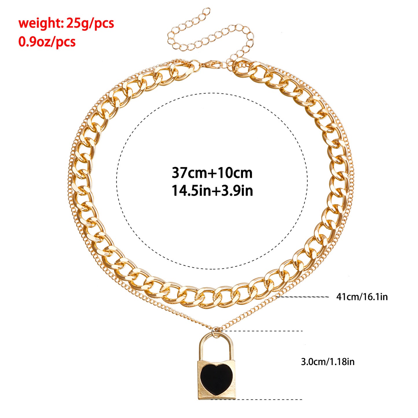 Elegant Two-Tier Black Heart-Shaped Lock Pendant Necklace in Metal with Electroplated Finish on Clavicle Chain