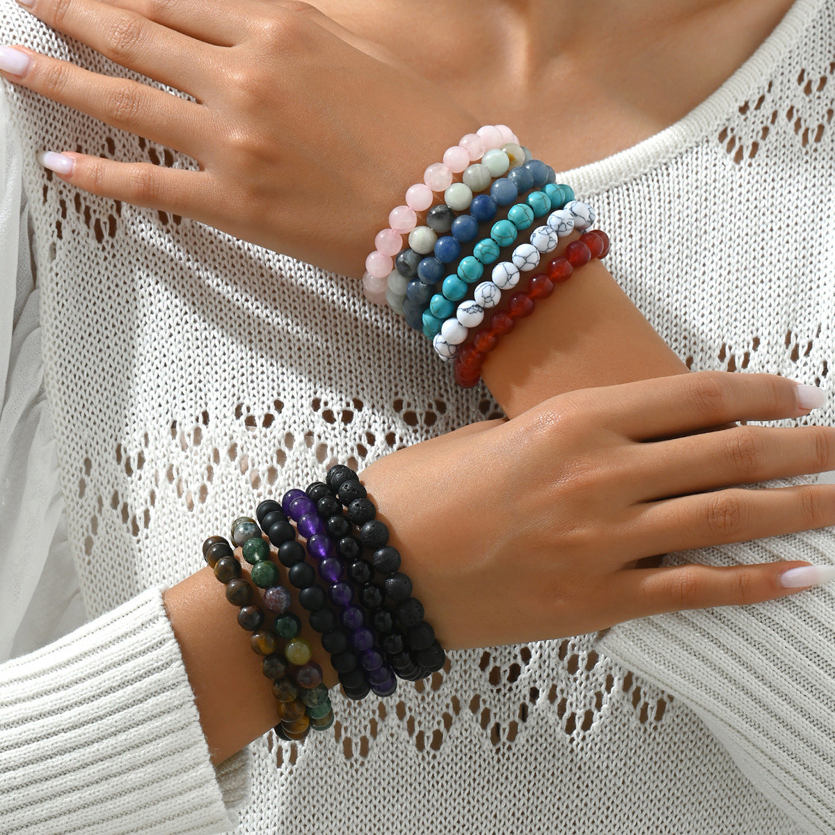 Conjunto de pulseras geométricas de piedra natural ensartadas a mano para mujer y hombre, accesorio de moda minimalista
