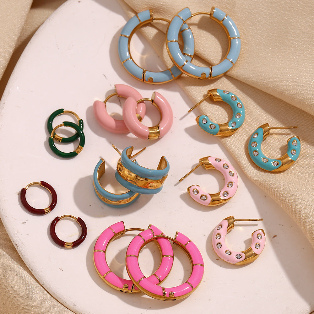 Fashion Geometric Donut Hoop Earrings Stainless Steel 18K Gold Plated Water Wave Enamel for Women
