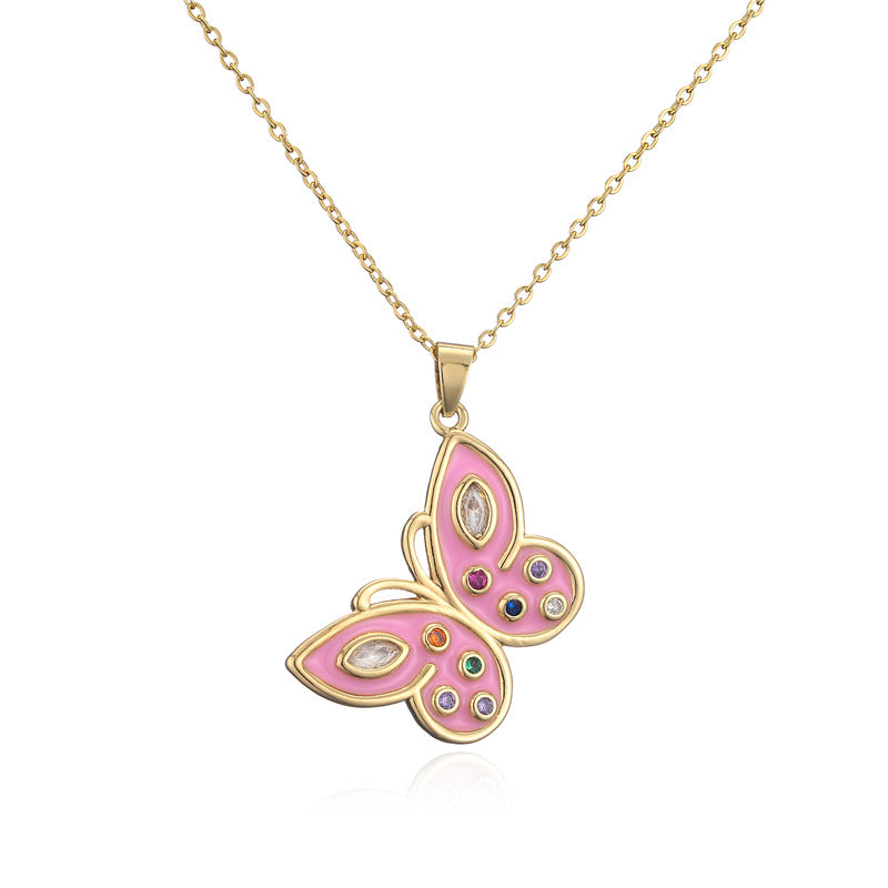 Butterfly Drip Oil Gold Plated Brass Micro-set Cubic Zirconia Necklace with Box Chain