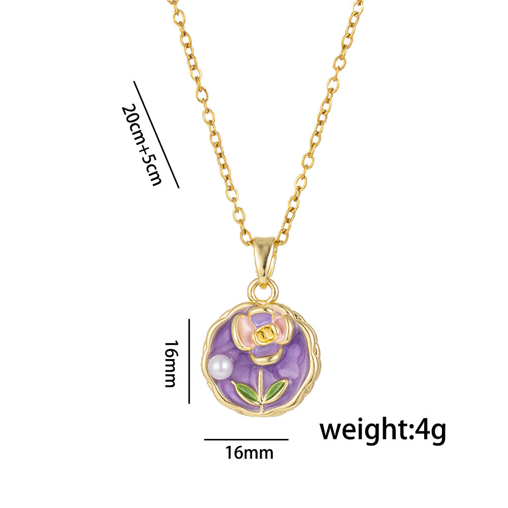 Elegant Floral Enamel Pendant Necklace for Women with Copper Charm and Titanium Steel O-Chain