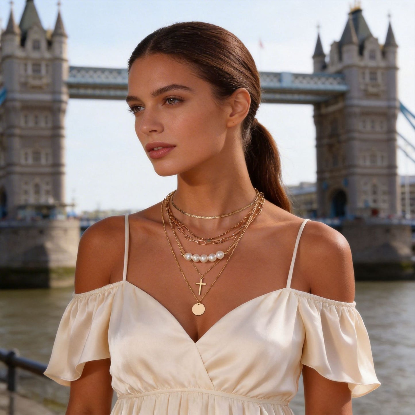 Fashion Geometric Round Cross Alloy Plated Pendant Necklace Set with Irregular Chain and Pearls for Unisex
