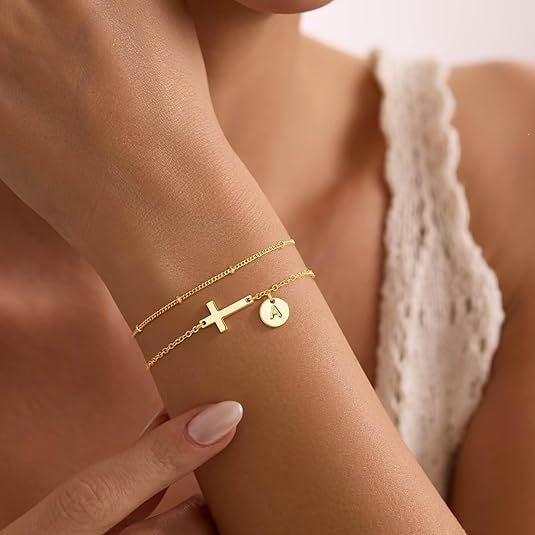 Minimalist Sweet Stainless Steel Plated Cross Letter Charm Bracelet for Women