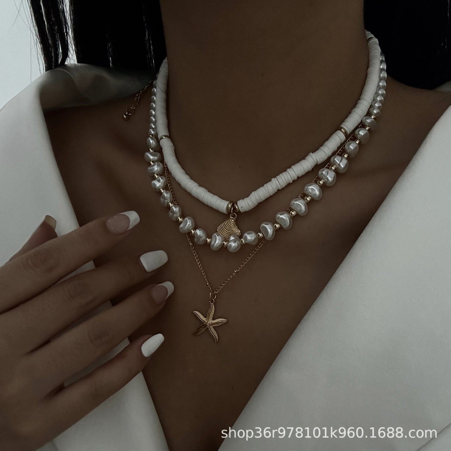 Unique Irregular Multi-Layer Geometric Starfish Alloy Necklace Set with Imitation Pearl for Women