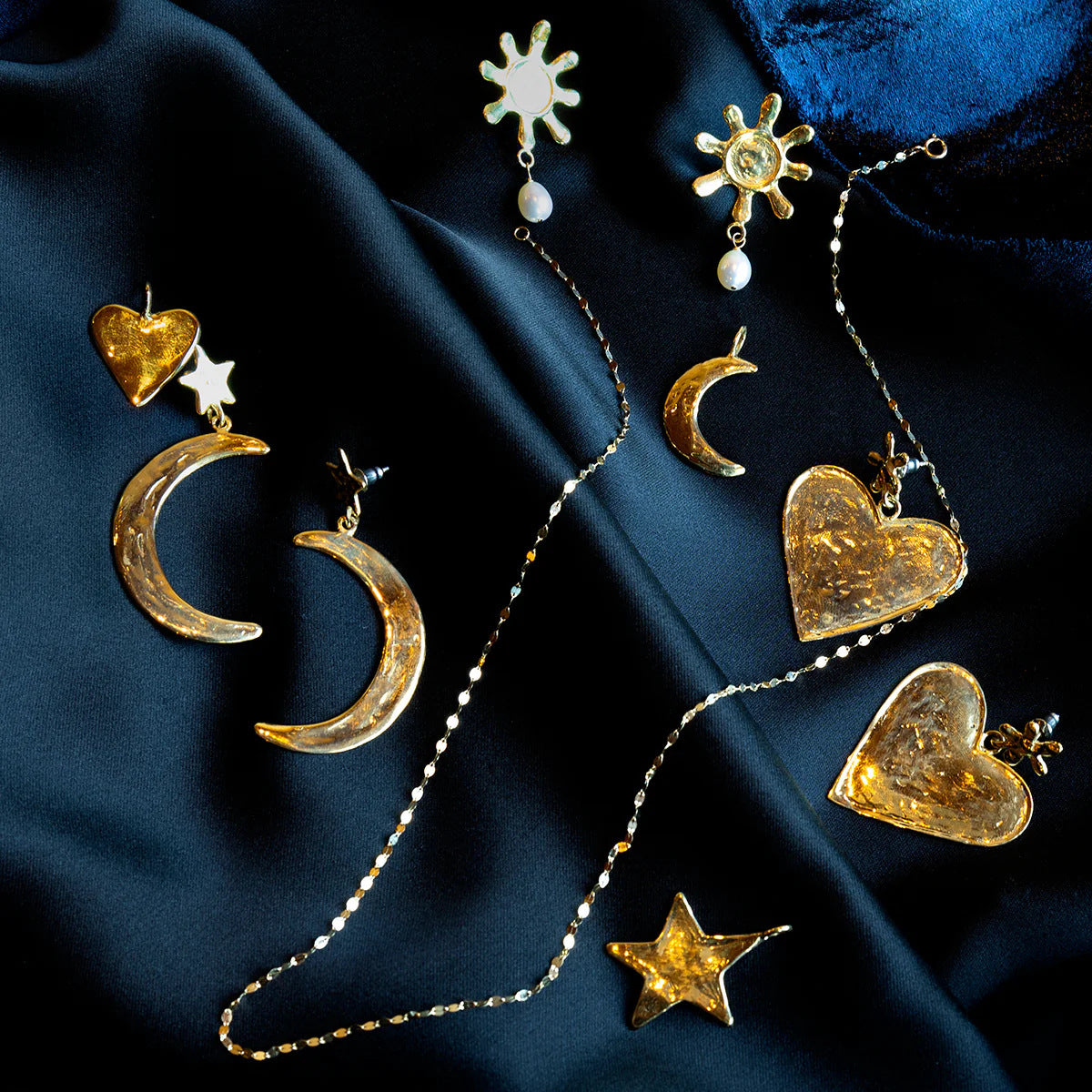 Elegant Gold Plated Brass Heart Moon Star Charm Bar Necklace for Women