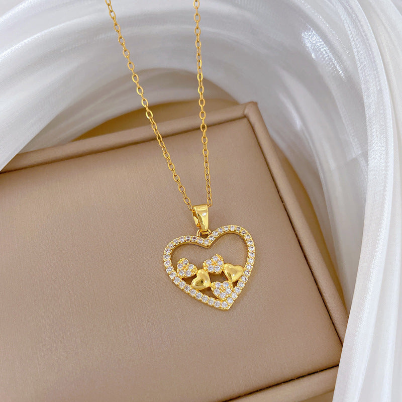 Sweet Minimalist Heart Moon Geometric Rhinestone Titanium Steel Necklace for Unisex