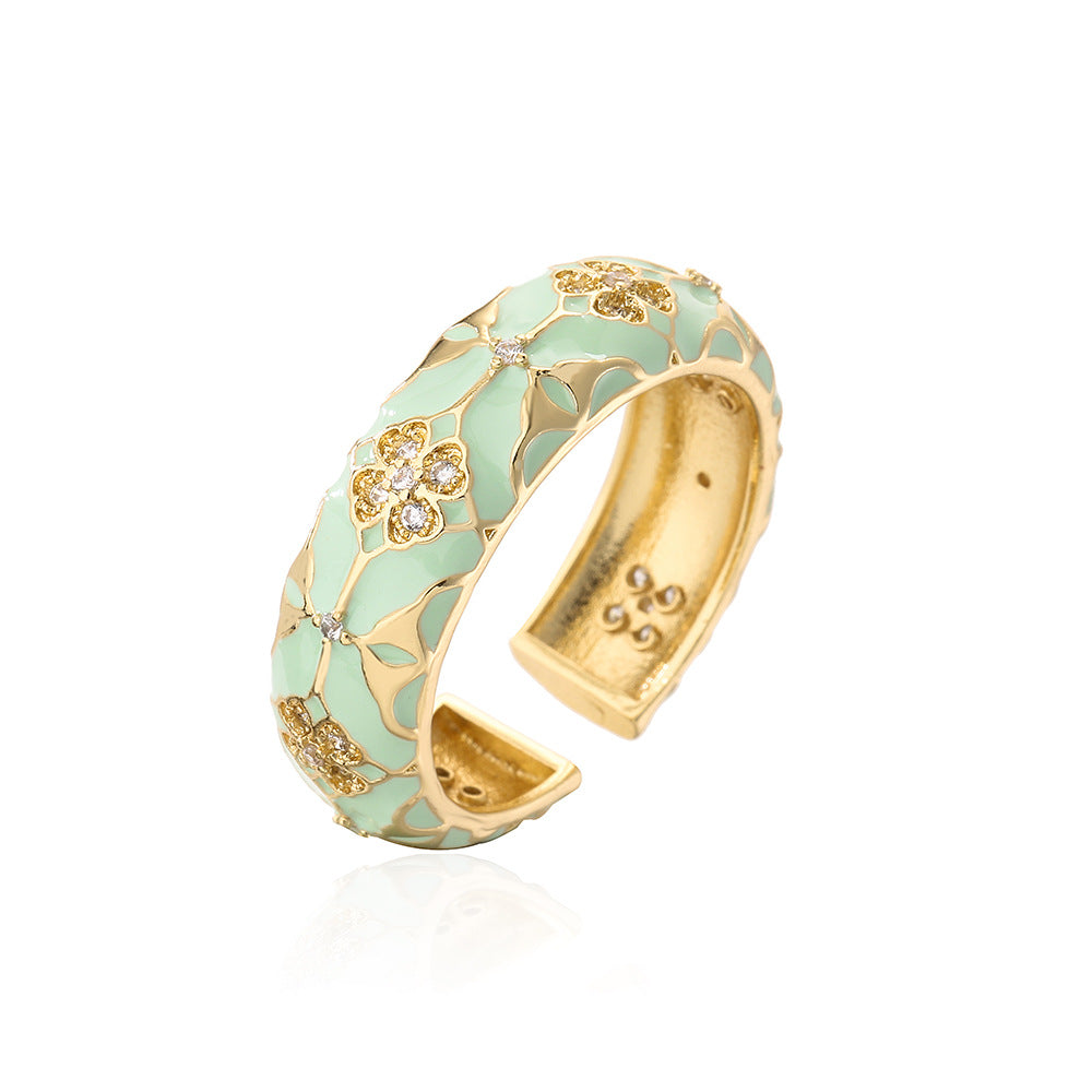 Bohemian Vintage Geometric Open Ring for Women in Copper with 18K Gold Plating and Enamel Finish