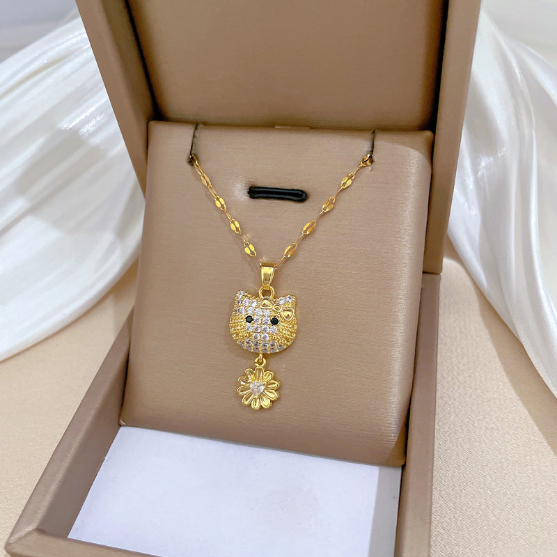 Collana da donna con ciondolo a forma di fiore e gatto in acciaio al titanio di lusso con intarsio in strass, design geometrico, catena regolabile in acciaio al titanio, elegante collana a clavicola