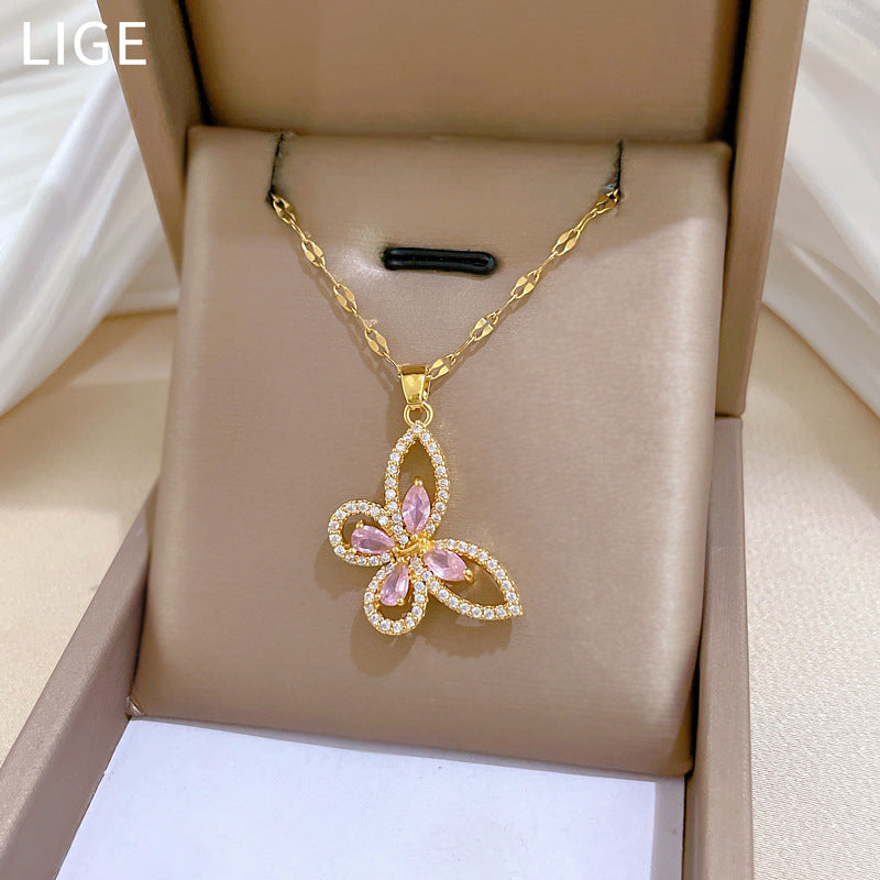 Sweet Butterfly Titanium Steel Necklace with Cubic Zirconia Inlay for Women and Men