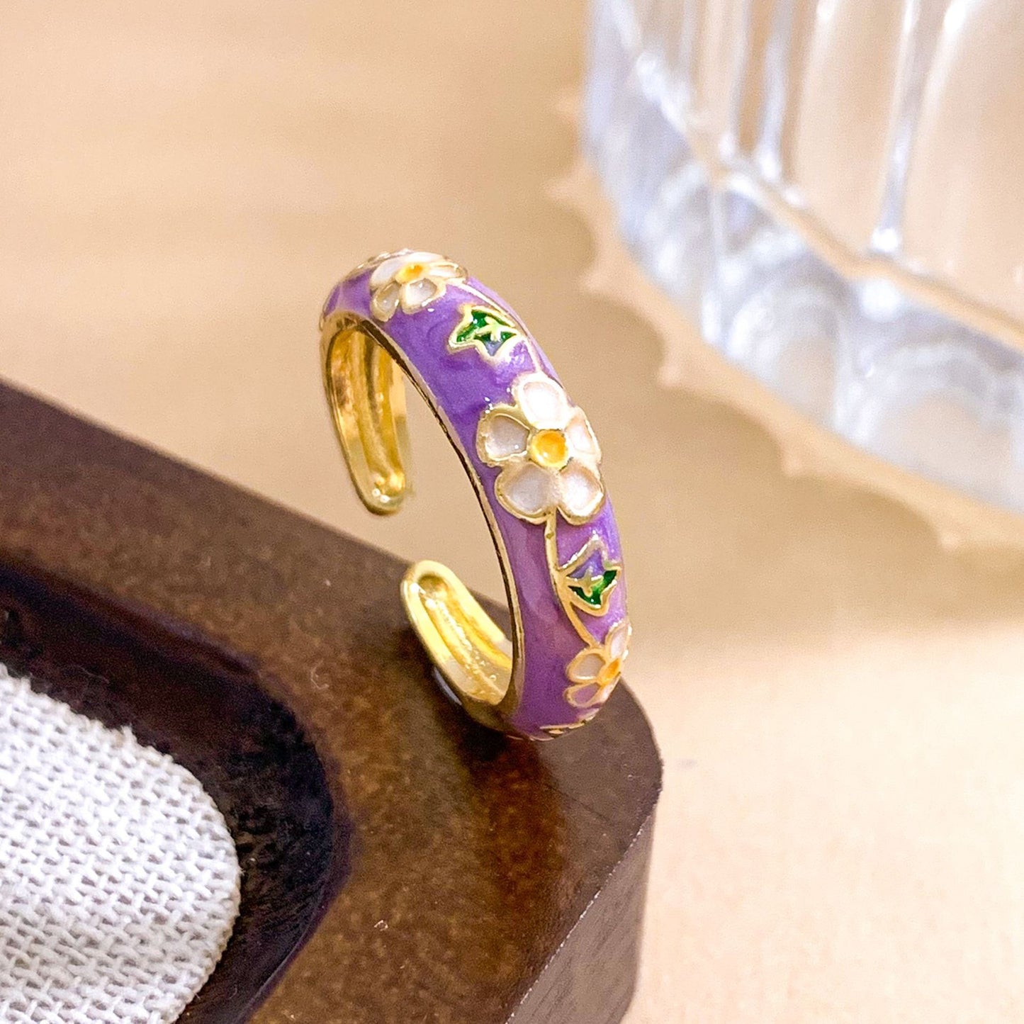 Vintage Sweet Enamel Floral Gold Plated Brass Ring for Women