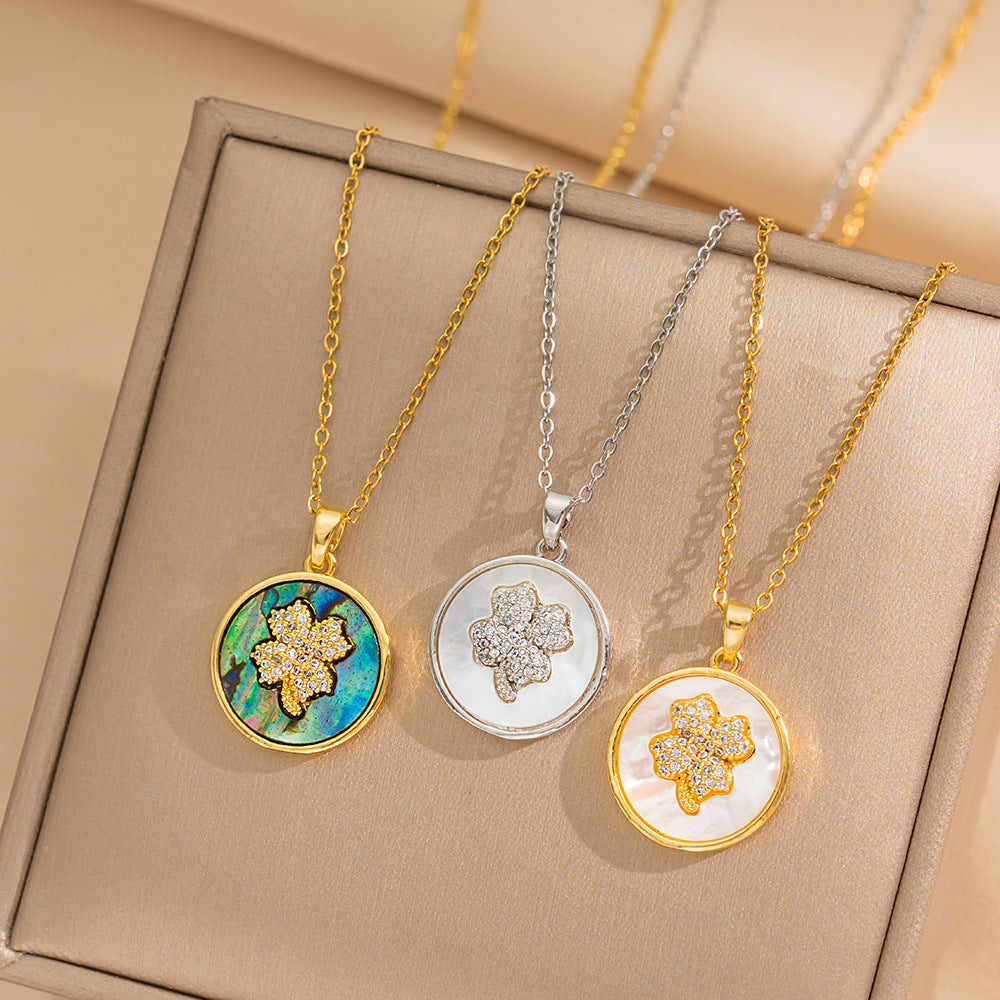 Minimalist Clover-Shaped Titanium Steel Necklace with Gold Plating and Genuine Shell Pendant on Snake Chain