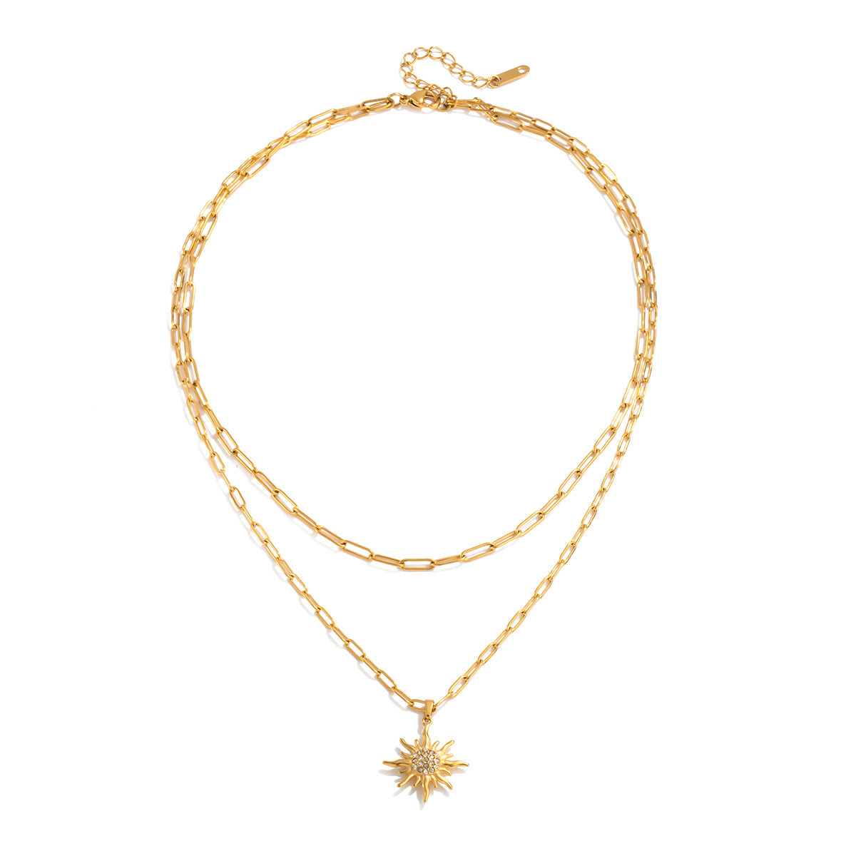 Collana con Pendente Geometrico a Forma di Sole in Acciaio al Titanio con Intarsi di Strass e Finitura Placcata per Donna