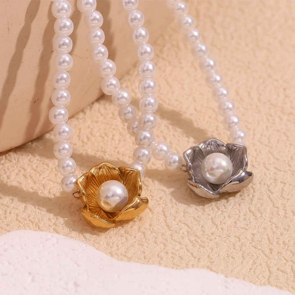 Vintage Floral Style Stainless Steel Pendant Necklace with 18K Gold Plating and Simulated Pearl Accents for Women