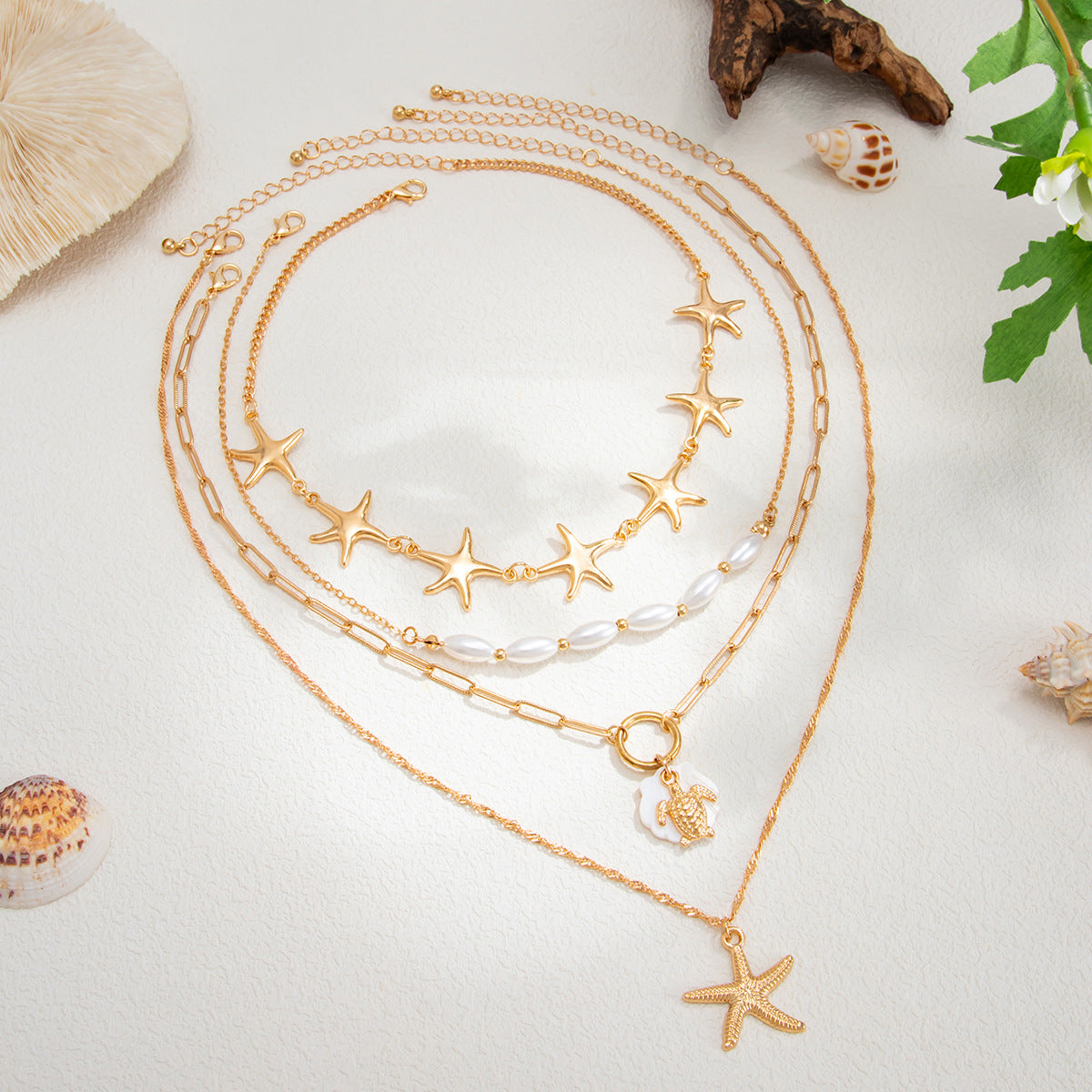 Bohemian Multi-Layer Starfish Turtle Pearl Pendant Necklace Plated Iron Choker for Women