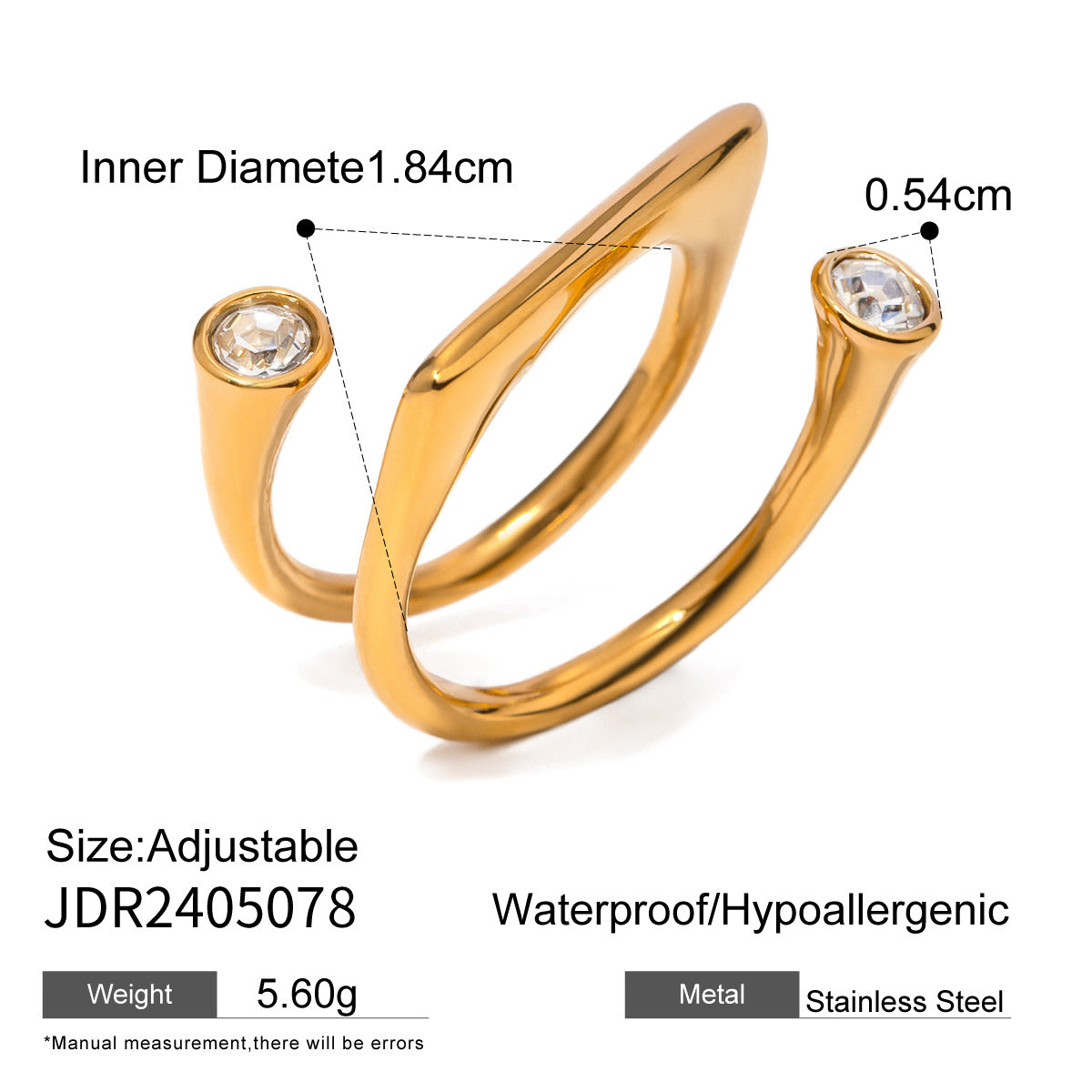 18K Gold Plated Geometric Stainless Steel Ring with Cubic Zirconia