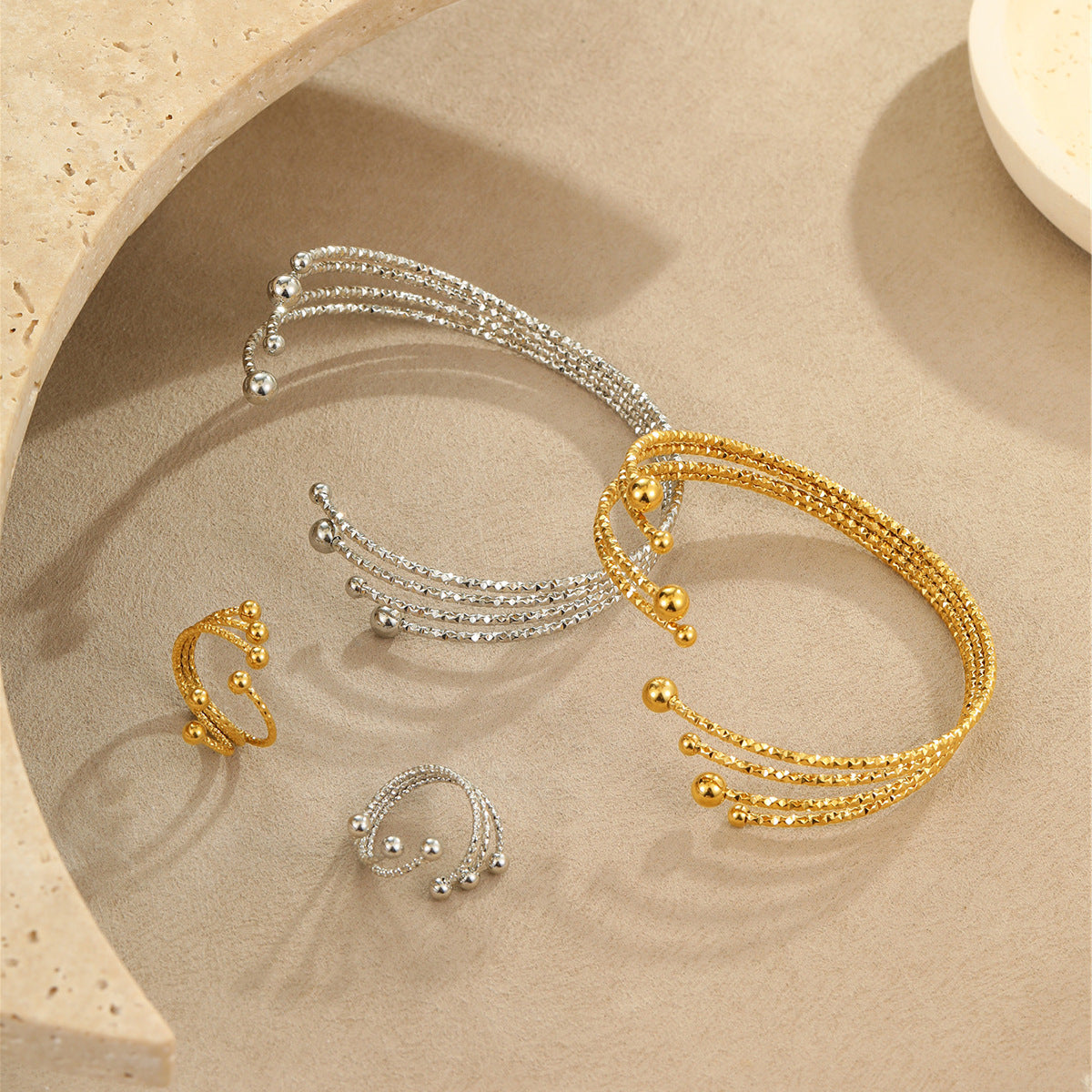 Fashionable Geometric Stainless Steel Bracelet and Titanium Steel Ring with 18K Gold Plating, Engraved Detail, Non-Fading Hand Jewelry for Women