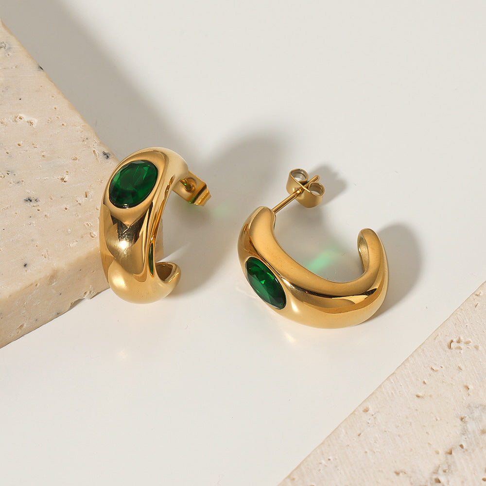 Minimalist Geometric C-Shaped Stainless Steel Earrings with 18K Gold Plating and Green Round Zircon Inlay for Women