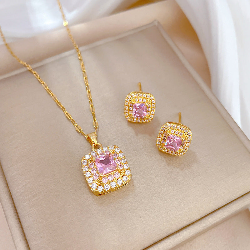 Luxury Fresh and Sweet Plated Brass Zircon Micro-Pave Earrings and Necklace Set