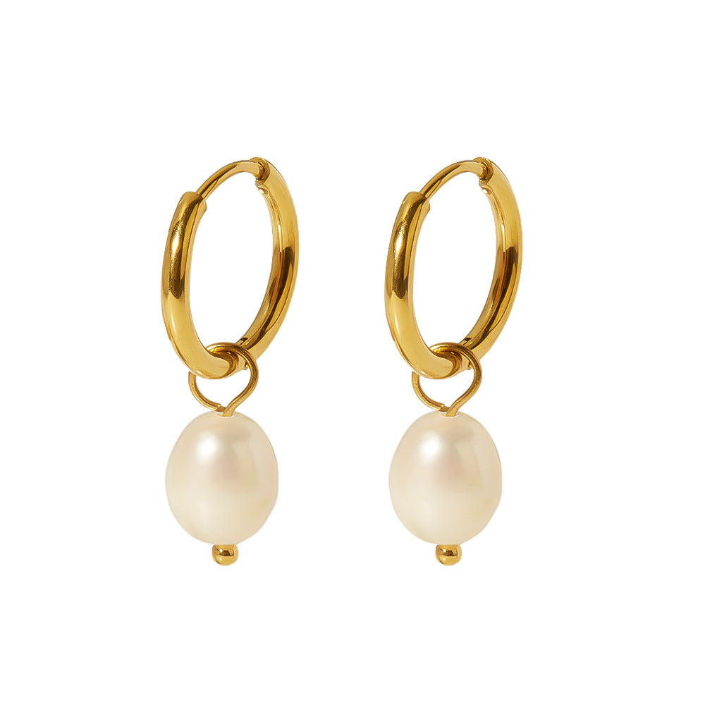 Vintage French Style Geometric Freshwater Pearl Earrings in Titanium Steel with Plated Finish for Women