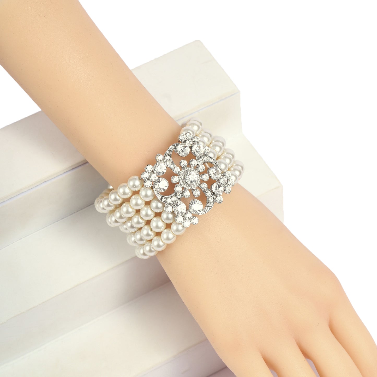 Vintage Multi-Layer Pearl and Rhinestone Bracelet with Floral Design for Women, Handcrafted Alloy Base