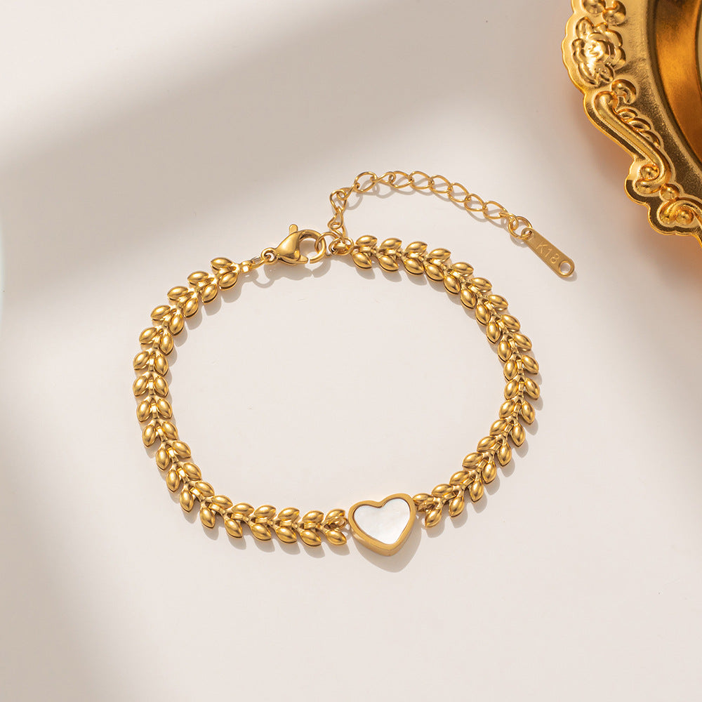 Vintage Wheat Sheaf Shaped Stainless Steel Bracelet with Gold Plating and Mother-of-Pearl Inlay for Women