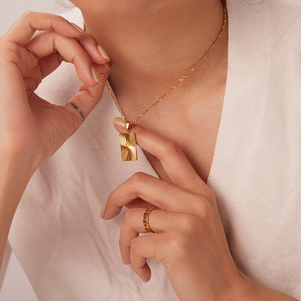 Geometric Rectangular Pendant Necklace for Women in Stainless Steel with 18K Gold Plating and Linear Design