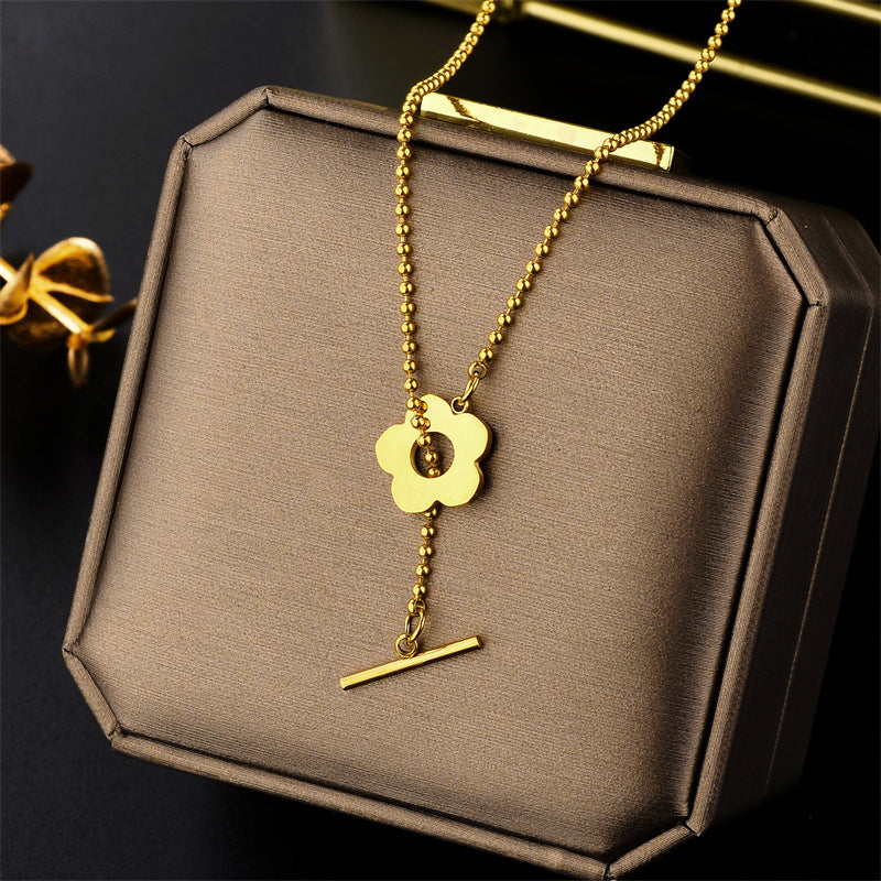 Minimalist Titanium Steel Floral Geometric Pendant Necklace for Women with Gold Plated Finish and Ball Chain